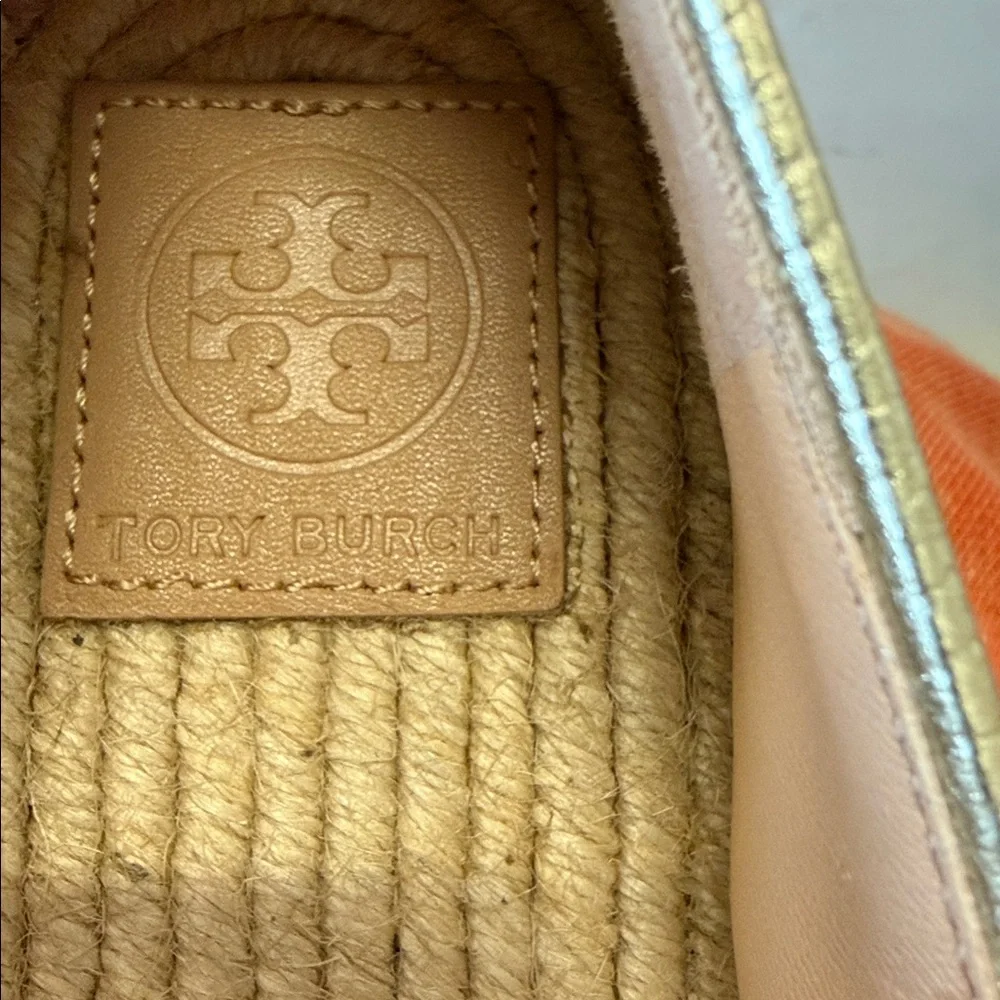 Tory Burch Gold/Beige Knit Fabric Daisy Espadrille Slip-On‎ Sneakers Sz 9